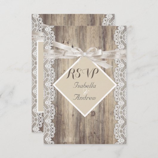 RSVP rustieke bruiloft beige witte kant hout (Voorkant / Achterkant)