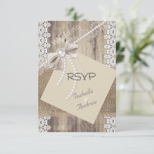 RSVP Rustig Huwelijk Beige Parel Kant Hout Jute 4 (Staand voorkant)