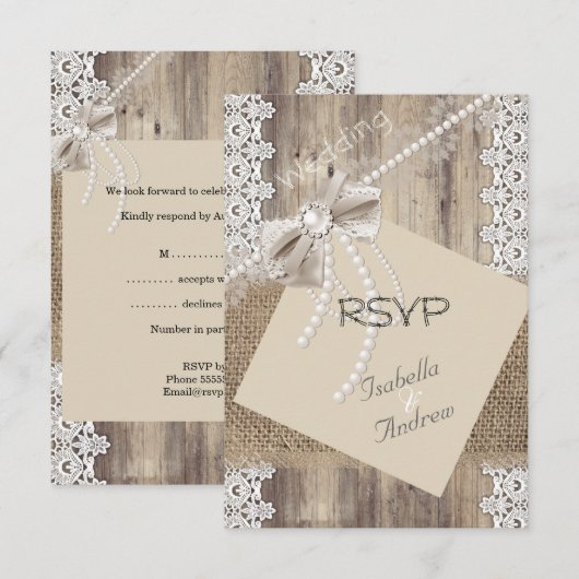 RSVP Rustig Huwelijk Beige Parel Kant Hout Jute 4 (Voorkant / Achterkant)