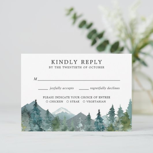 RSVP Rustige bergen bossen bruiloft RSVP (Staand voorkant)