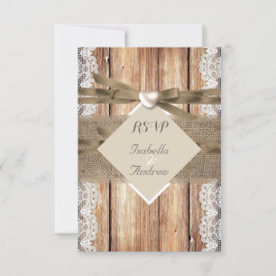 RSVP Rustige Trouwdag Bruin Witte Kant Hout Jute Kaartje