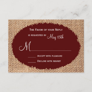RSVP Rustisch land Burlap Maroon Red Wedding RSVP