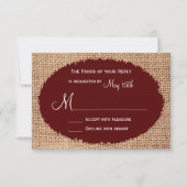 RSVP Rustisch land Burlap Maroon Red Wedding RSVP (Voorkant)