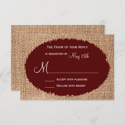 RSVP Rustisch land Burlap Maroon Red Wedding RSVP (Voorkant / Achterkant)