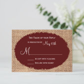 RSVP Rustisch land Burlap Maroon Red Wedding RSVP Kaartje (Staand voorkant)
