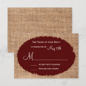 RSVP Rustisch land Burlap Maroon Red Wedding RSVP Kaartje (Voorkant / Achterkant)
