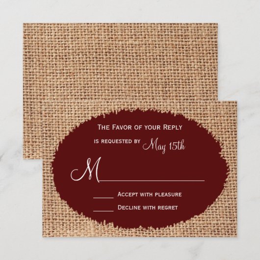 RSVP Rustisch land Burlap Maroon Red Wedding RSVP Kaartje (Voorkant / Achterkant)