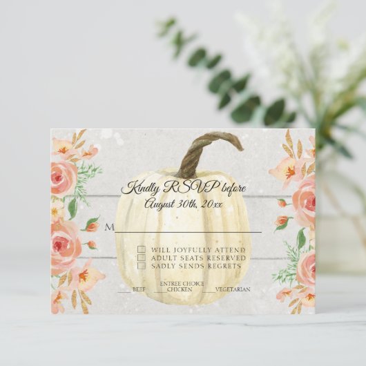 RSVP Rustische Waterverf Floral White Pumpkin Wood Kaart (Staand voorkant)