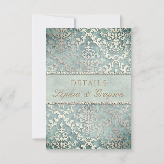 RSVP Sage Green Glimmer Damask Wedding Enclosure Kaart (Voorkant)