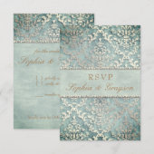RSVP Saliegroen Glitter Damast Trouwen Kaart (Voorkant / Achterkant)