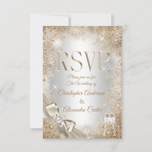 RSVP Silver Beige Cream Pearl Bow Snowflake Kaart (Voorkant)