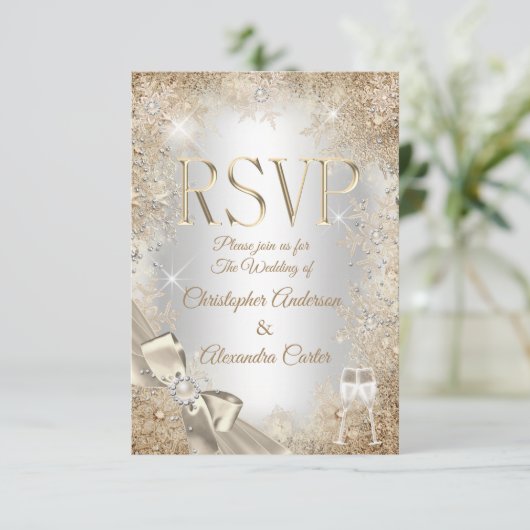 RSVP Silver Beige Cream Pearl Bow Snowflake Kaart (Staand voorkant)
