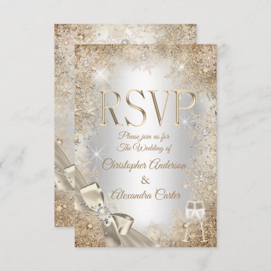 RSVP Silver Beige Cream Pearl Bow Snowflake Kaart (Voorkant / Achterkant)