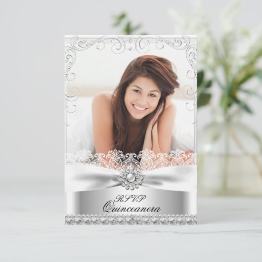 RSVP Silver Bow & Lace Quinceanera Birthday Kaart (Staand voorkant)