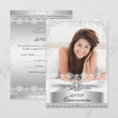 RSVP Silver Bow & Lace Quinceanera Birthday Kaart (Voorkant / Achterkant)