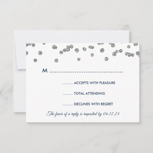 RSVP Silver Faux Glitter Confetti Navy Blu Kaartje (Voorkant)