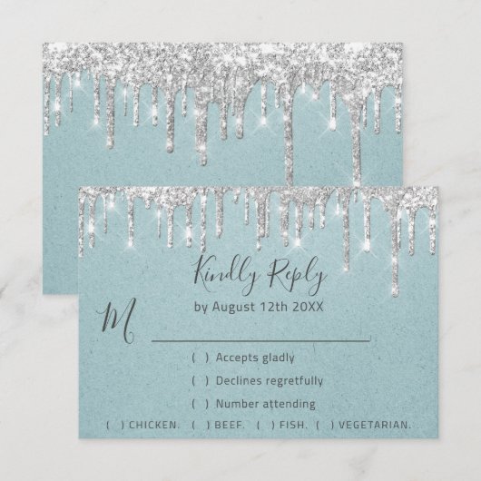 RSVP Silver Grey Drift Wedding Event Aqua Blue Kaartje (Voorkant / Achterkant)
