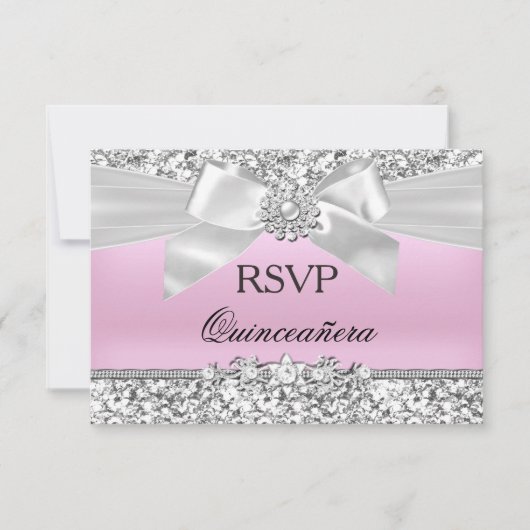 RSVP Silver Pink Glitter Jewel Bow Quinceanera Kaart (Voorkant)