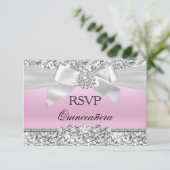 RSVP Silver Pink Glitter Jewel Bow Quinceanera Kaart (Staand voorkant)