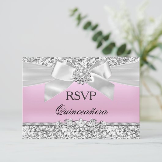 RSVP Silver Pink Glitter Jewel Bow Quinceanera Kaart (Staand voorkant)