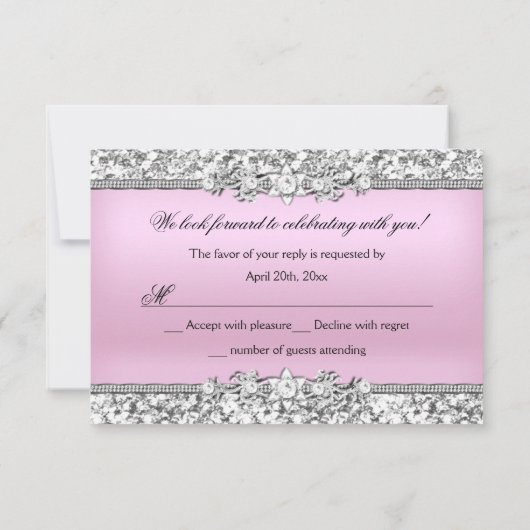 RSVP Silver Pink Glitter Jewel Bow Quinceanera Kaart (Achterkant)
