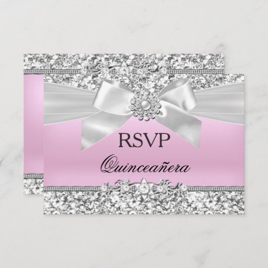 RSVP Silver Pink Glitter Jewel Bow Quinceanera Kaart (Voorkant / Achterkant)