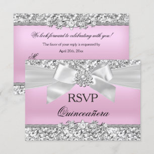 RSVP Silver Pink Glitter Jewel Bow Quinceanera Kaart