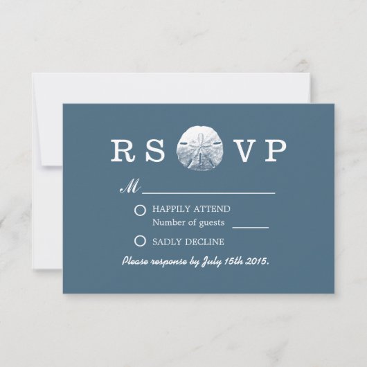 RSVP Simple Sand Dollar Navy Blue Beach Wedding RS Kaartje (Voorkant)