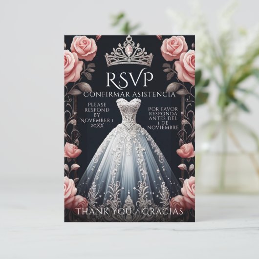 RSVP Spaans Quinceañera Rosas Kaartje (Staand voorkant)