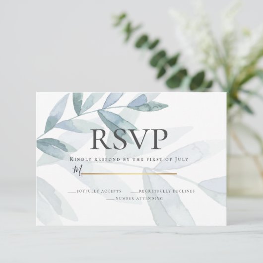 RSVP | Stamblauwe Waterverf Eucalyptusbladeren Kaart (Staand voorkant)