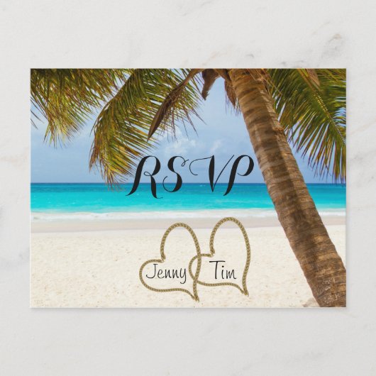 RSVP strand liefde harten bruid palm zand surf afs Uitnodiging Briefkaart (Voorkant)