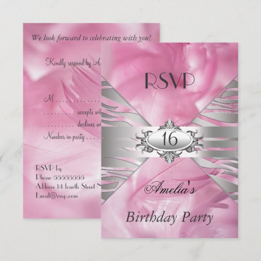 RSVP Sweet 16 Pink Kaart (Voorkant / Achterkant)