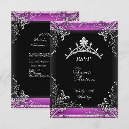 RSVP Sweet Sixteen 16 verjaardag Pink Black (Voorkant / Achterkant)