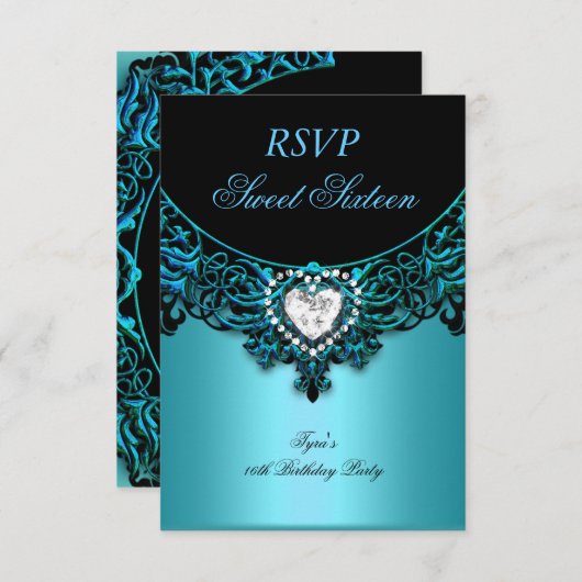 RSVP Sweet Sixteen 16 Verjaardagsfeest Aqua Blue (Voorkant / Achterkant)