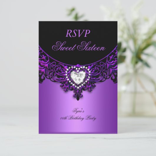 RSVP Sweet Sixteen 16 Verjaardagsfeest Paarse Zwar (Staand voorkant)