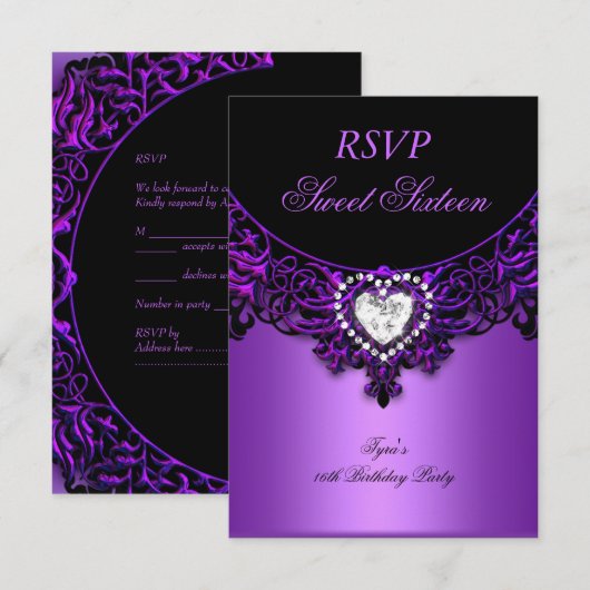 RSVP Sweet Sixteen 16 Verjaardagsfeest Paarse Zwar (Voorkant / Achterkant)