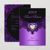 RSVP Sweet Sixteen 16 Verjaardagsfeest Paarse Zwar Kaartje (Voorkant / Achterkant)