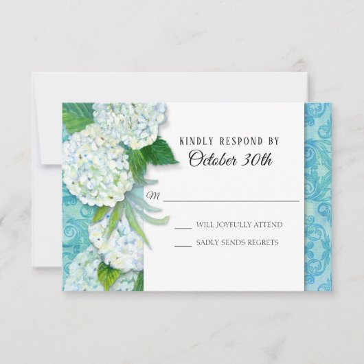 RSVP Trouw Bloemstuk Hydrangea Aqua Damast Patroon Kaart (Voorkant)