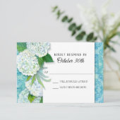 RSVP Trouw Bloemstuk Hydrangea Aqua Damast Patroon Kaart (Staand voorkant)