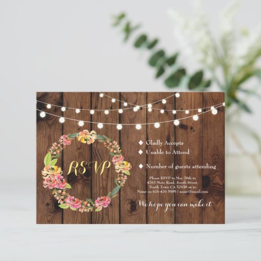 RSVP Trouw Bruiloft Rustieke Hout Bloem Tiki Kaart (Staand voorkant)