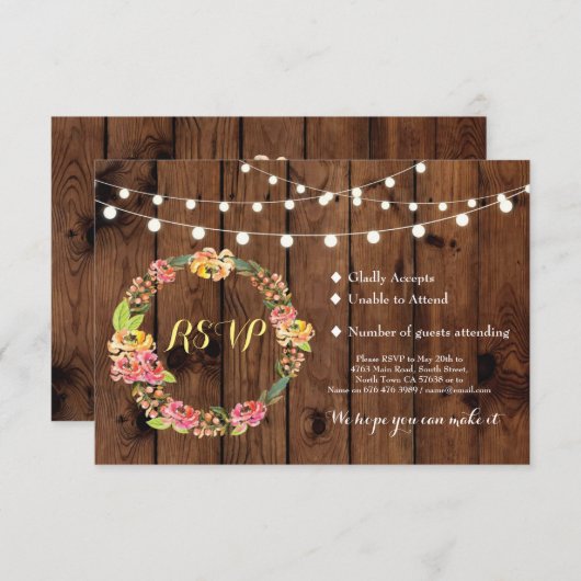 RSVP Trouw Bruiloft Rustieke Hout Bloem Tiki Kaart (Voorkant / Achterkant)