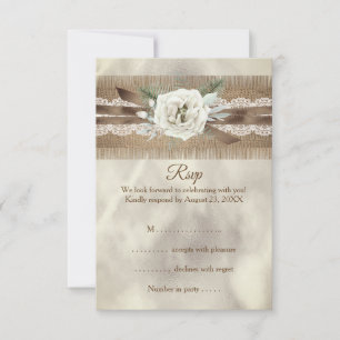 RSVP Trouw Bruine Beige Witte Roos Kant Lint Kaartje