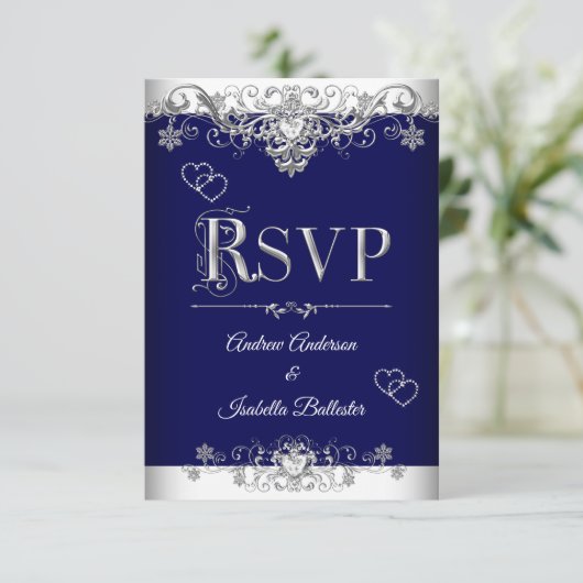RSVP Trouw Koningsblauw Zilver Diamant Harten Kaart (Staand voorkant)