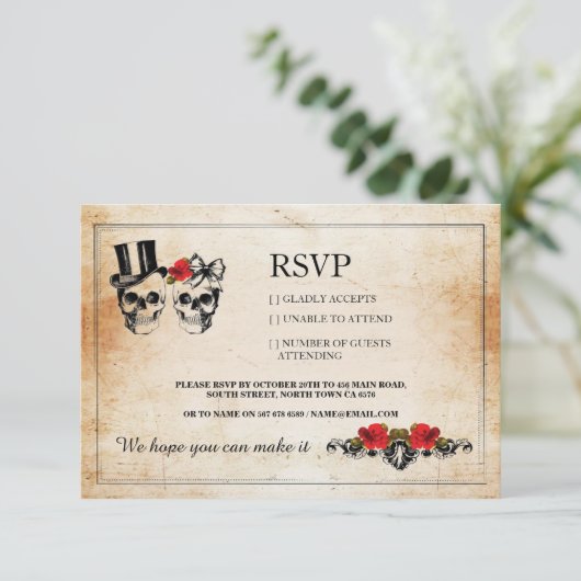 RSVP Trouw Schedels Schedels Rozen Rustieke Kaarte (Staand voorkant)
