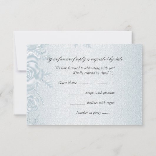 RSVP Trouw Wit Zilver Blauwe Rozen Sneeuwvlokken Kaart (Achterkant)