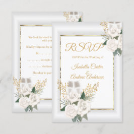 RSVP Trouw Witte Roos Bloem Champagne Goud Kaartje