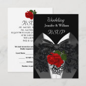 RSVP Trouw Zwart Witte Smoking Diep Rode Roos Kaartje (Voorkant / Achterkant)