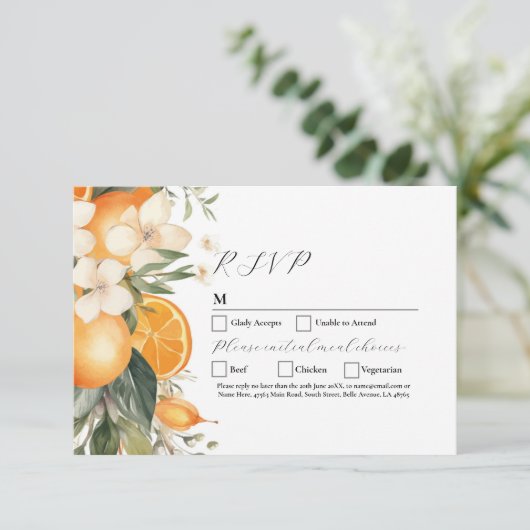 RSVP Trouwbloemen Fruit Bloemen Sinaasappels Kaart (Staand voorkant)