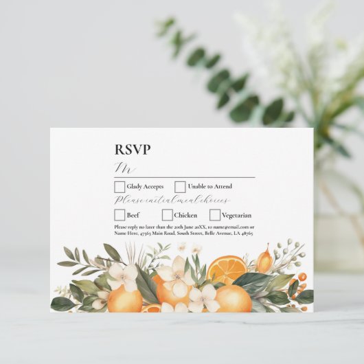 RSVP Trouwbloemen Sinaasappels Fruitbloemen Kaart (Staand voorkant)