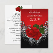 RSVP Trouwdag Zwart Wit Zilver Dieprode Roos Kaartje (Voorkant / Achterkant)